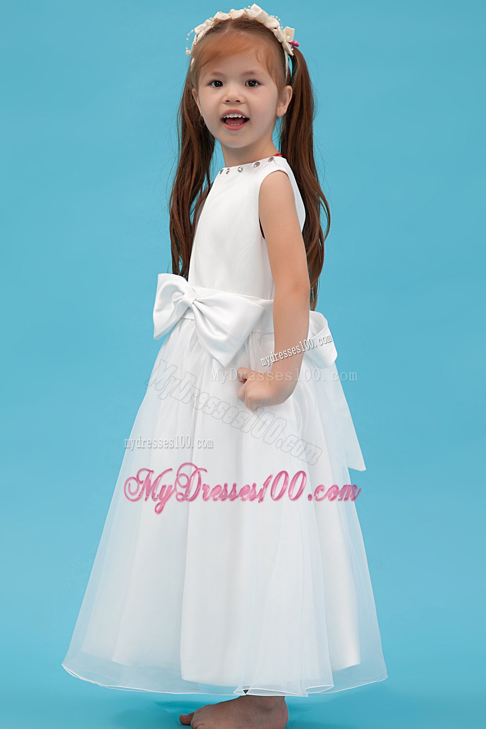 White Scoop Ankle-length Sash Flower Girl Dress