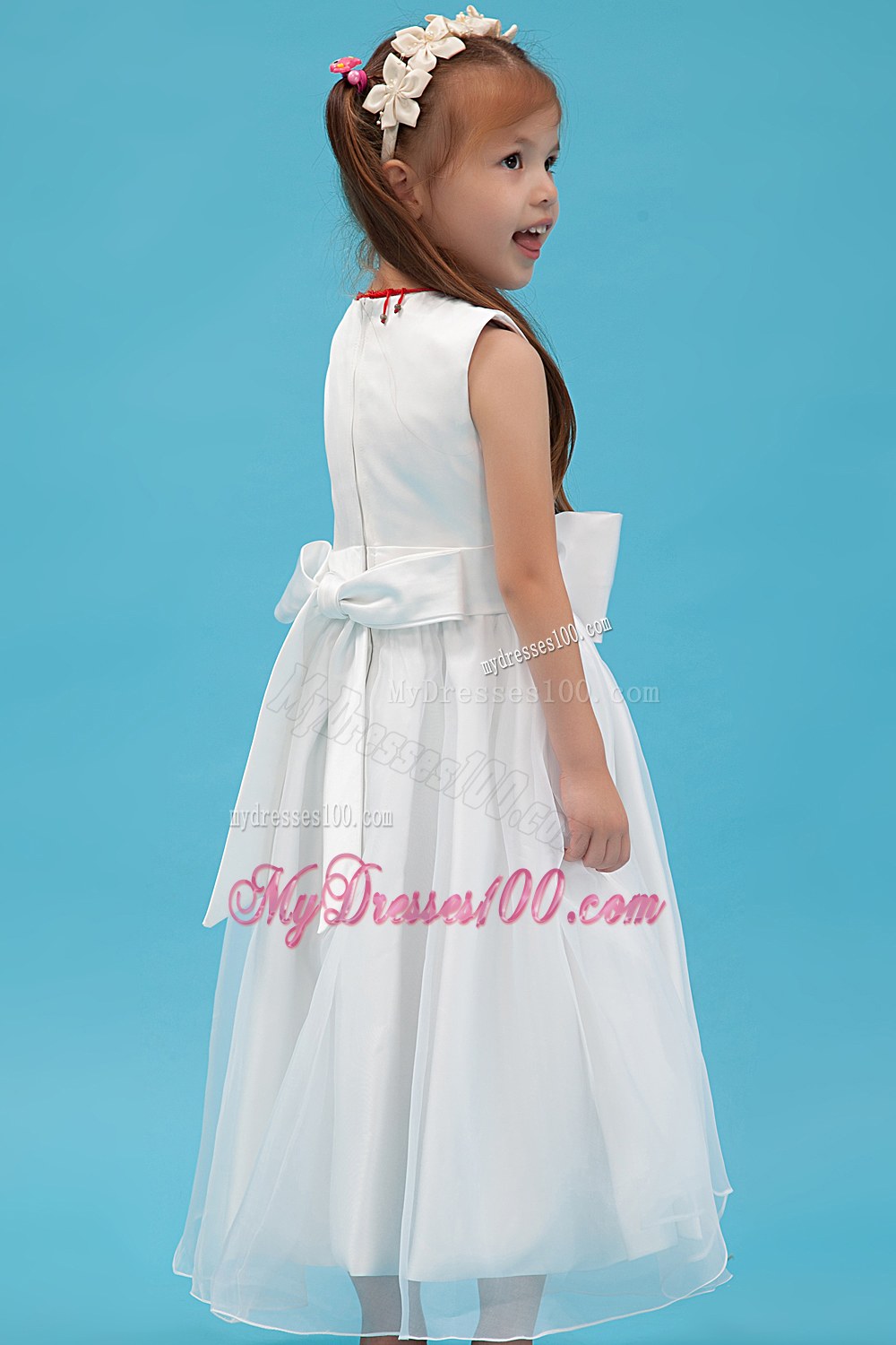 White Scoop Ankle-length Sash Flower Girl Dress