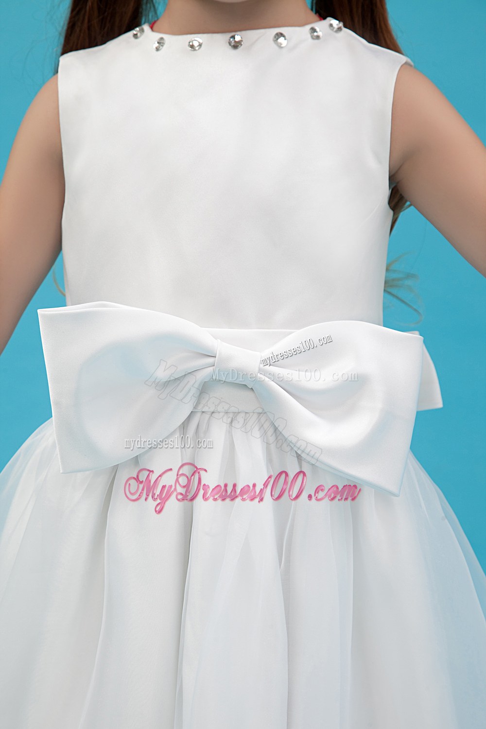 White Scoop Ankle-length Sash Flower Girl Dress