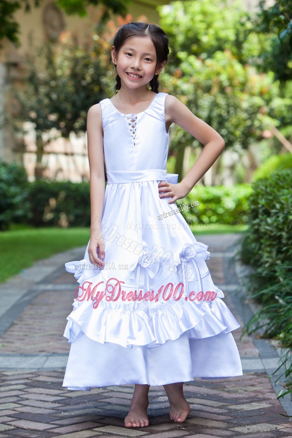 White Scoop Ankle-length Hand Made Flowers Flower Girl Dress