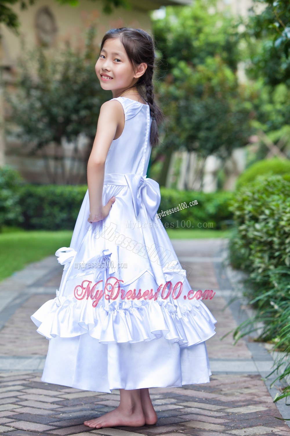 White Scoop Ankle-length Hand Made Flowers Flower Girl Dress