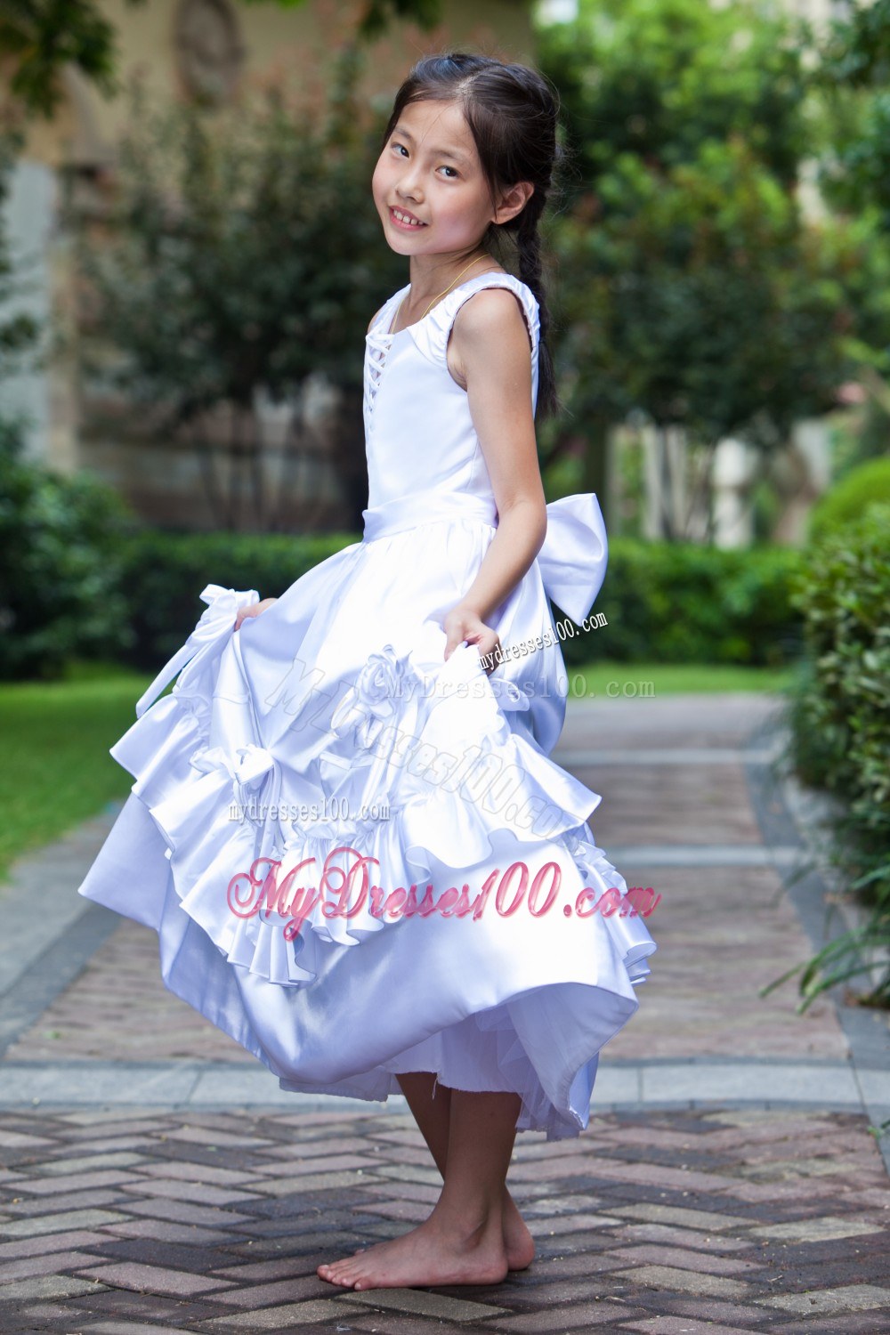 White Scoop Ankle-length Hand Made Flowers Flower Girl Dress