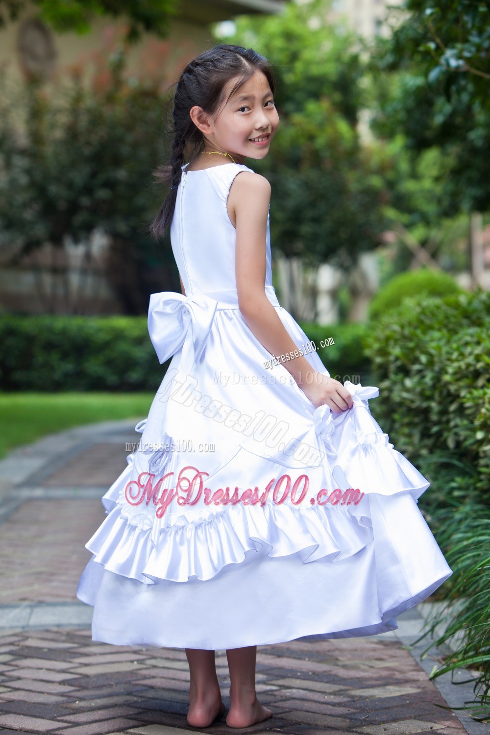 White Scoop Ankle-length Hand Made Flowers Flower Girl Dress