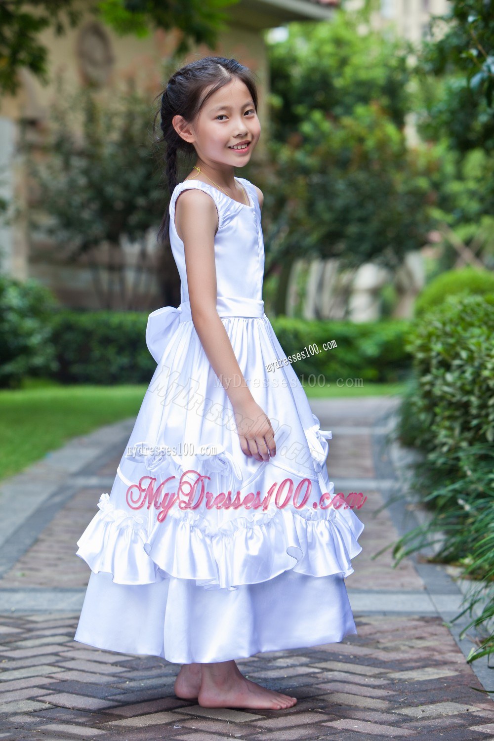 White Scoop Ankle-length Hand Made Flowers Flower Girl Dress