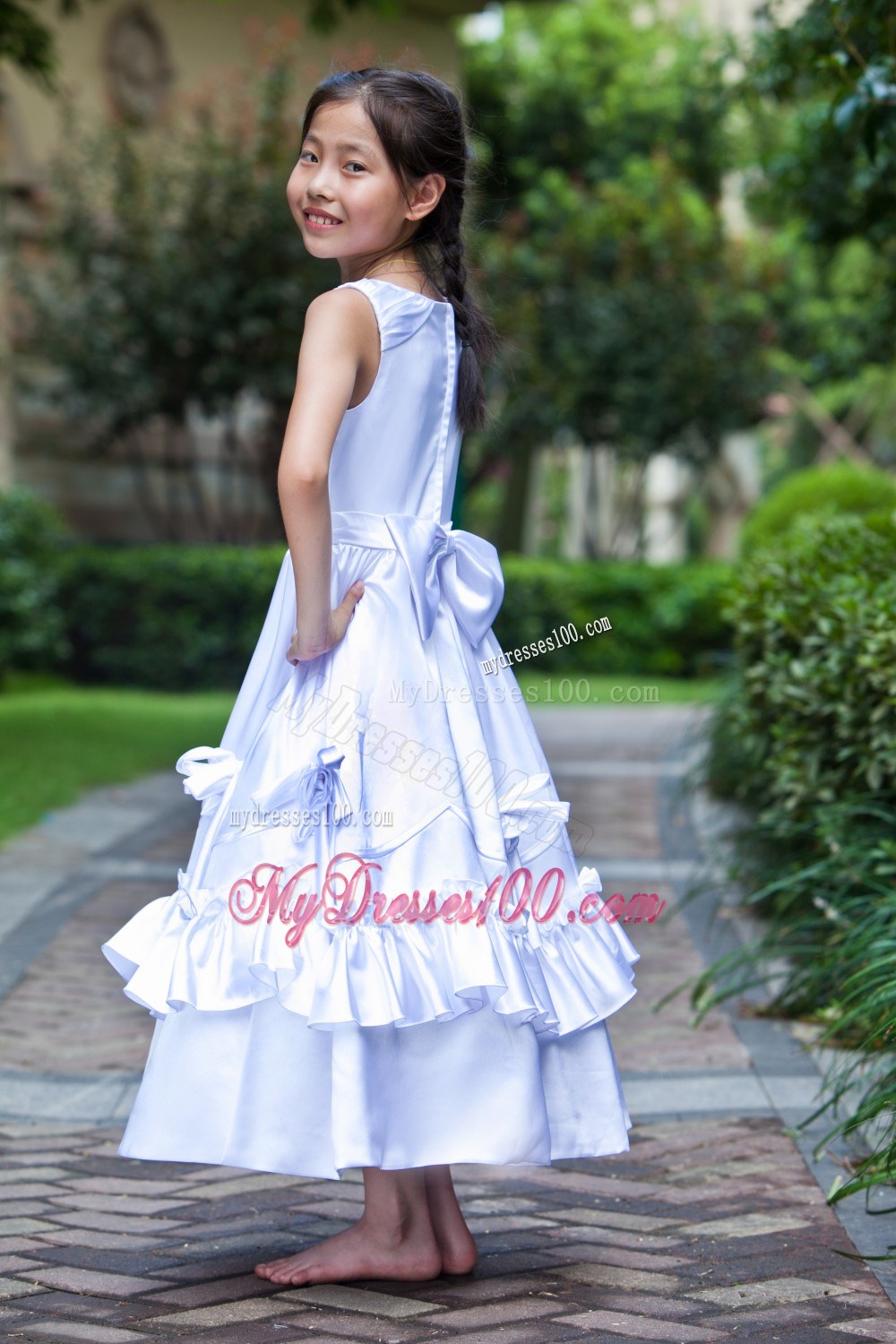 White Scoop Ankle-length Hand Made Flowers Flower Girl Dress