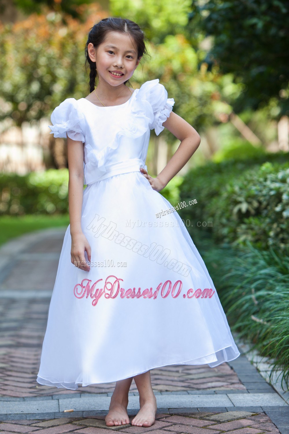 White Scoop Ankle-length Hand Made Flowers Flower Girl Dress