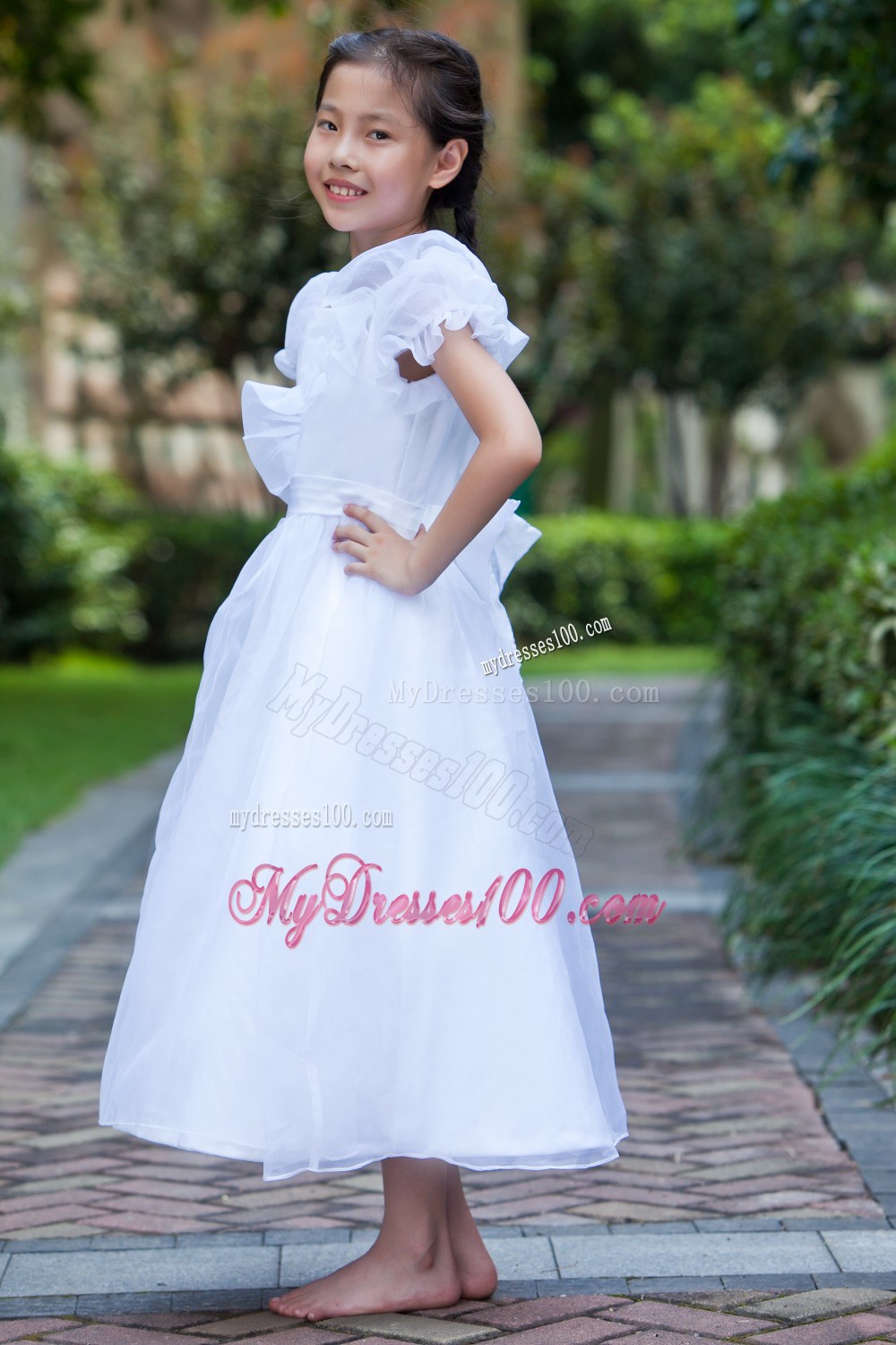 White Scoop Ankle-length Hand Made Flowers Flower Girl Dress