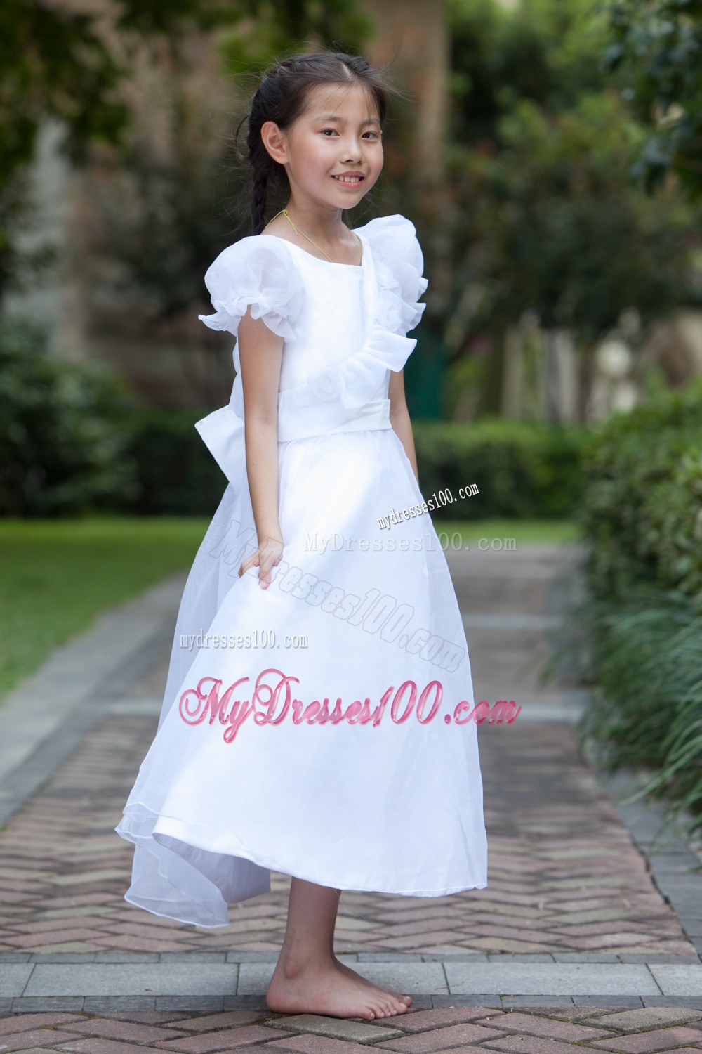 White Scoop Ankle-length Hand Made Flowers Flower Girl Dress