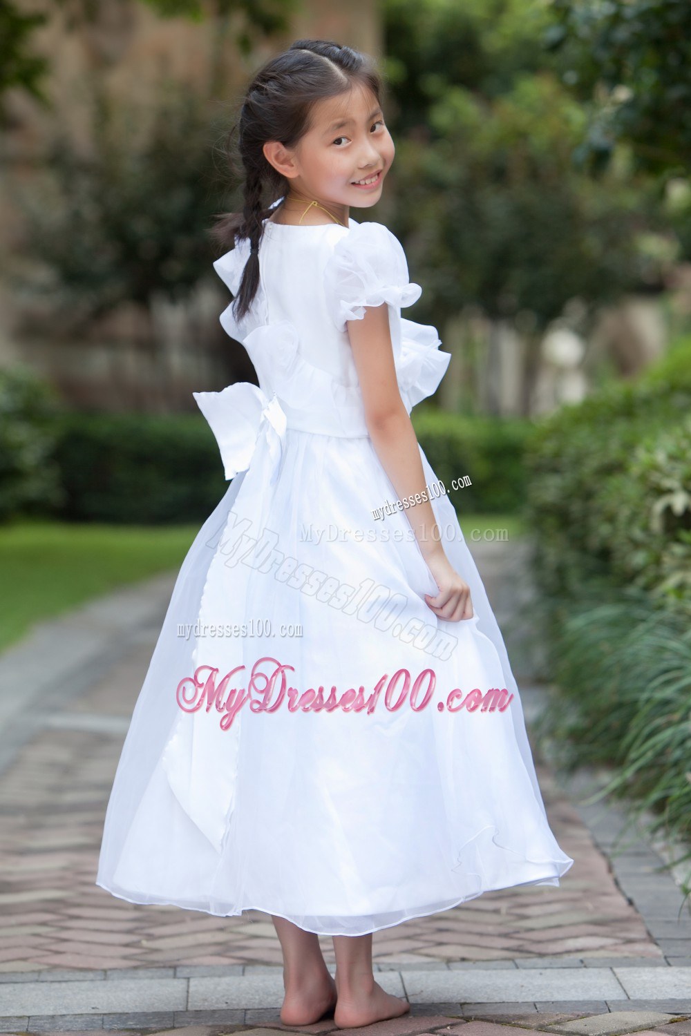 White Scoop Ankle-length Hand Made Flowers Flower Girl Dress