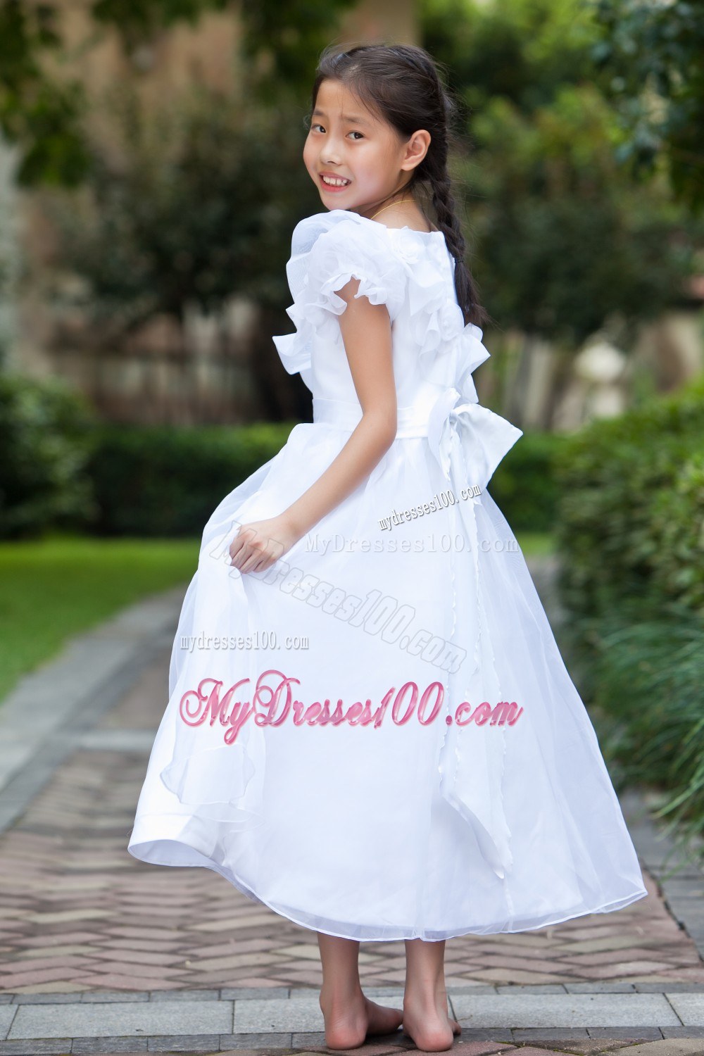 White Scoop Ankle-length Hand Made Flowers Flower Girl Dress