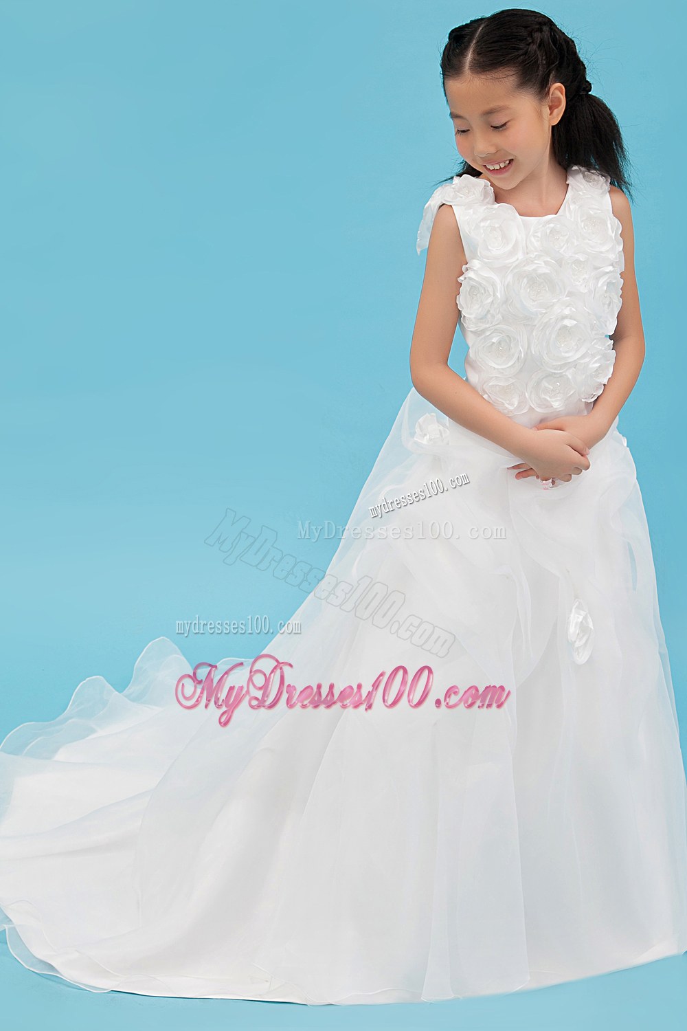 White Scoop Court Train Hand Made Flowers Flower Girl Dress