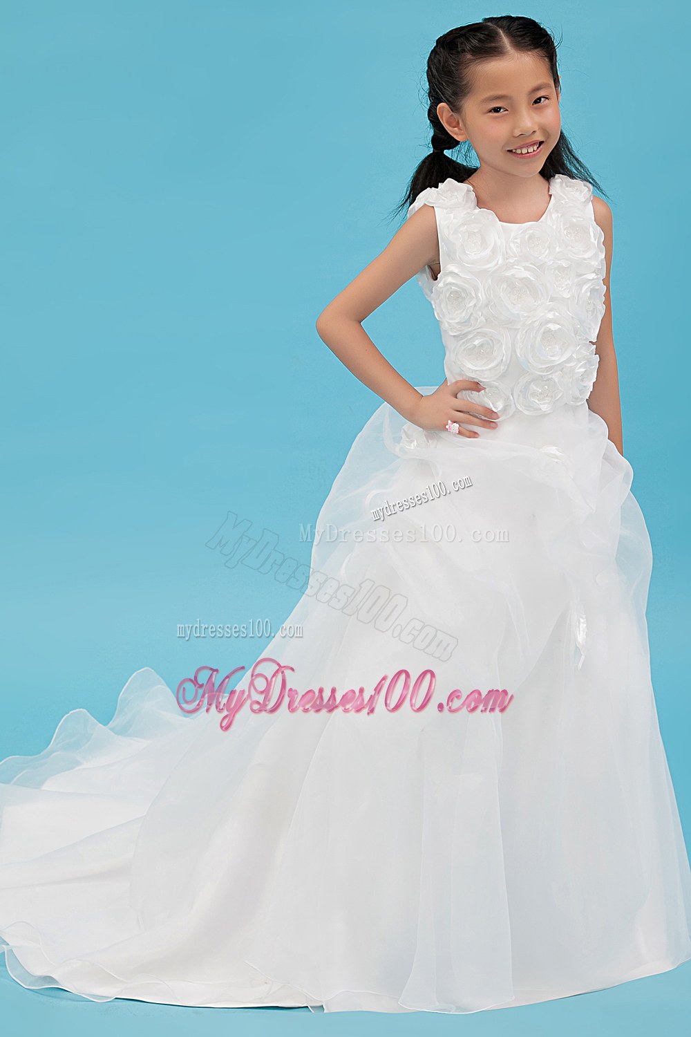 White Scoop Court Train Hand Made Flowers Flower Girl Dress