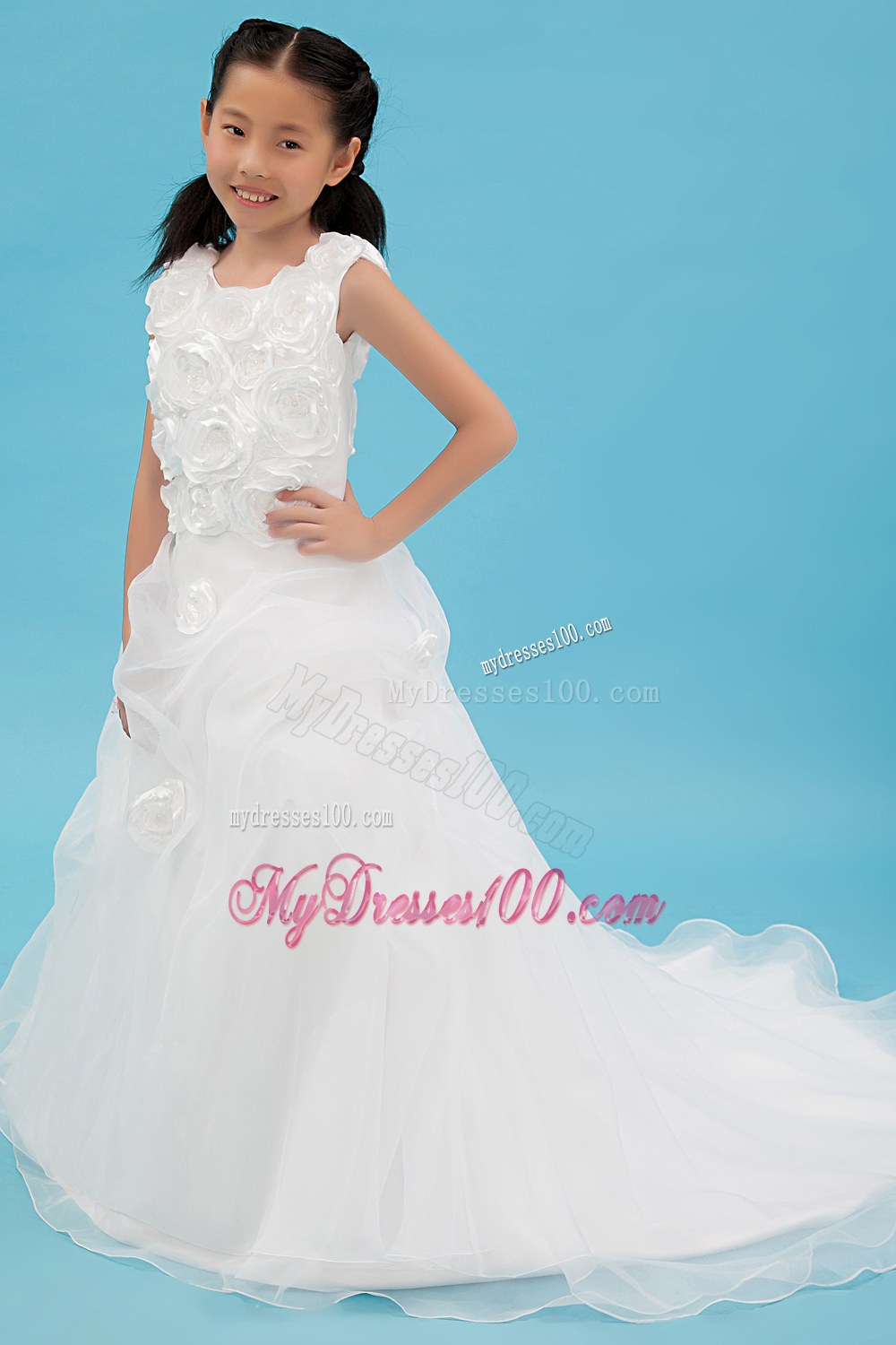 White Scoop Court Train Hand Made Flowers Flower Girl Dress