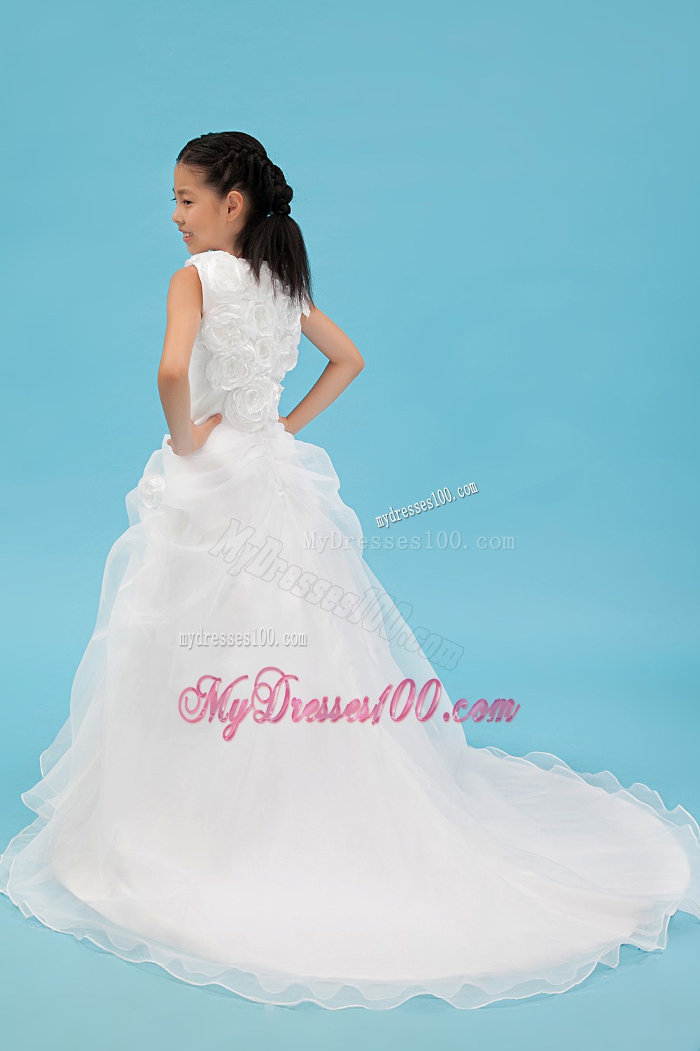 White Scoop Court Train Hand Made Flowers Flower Girl Dress