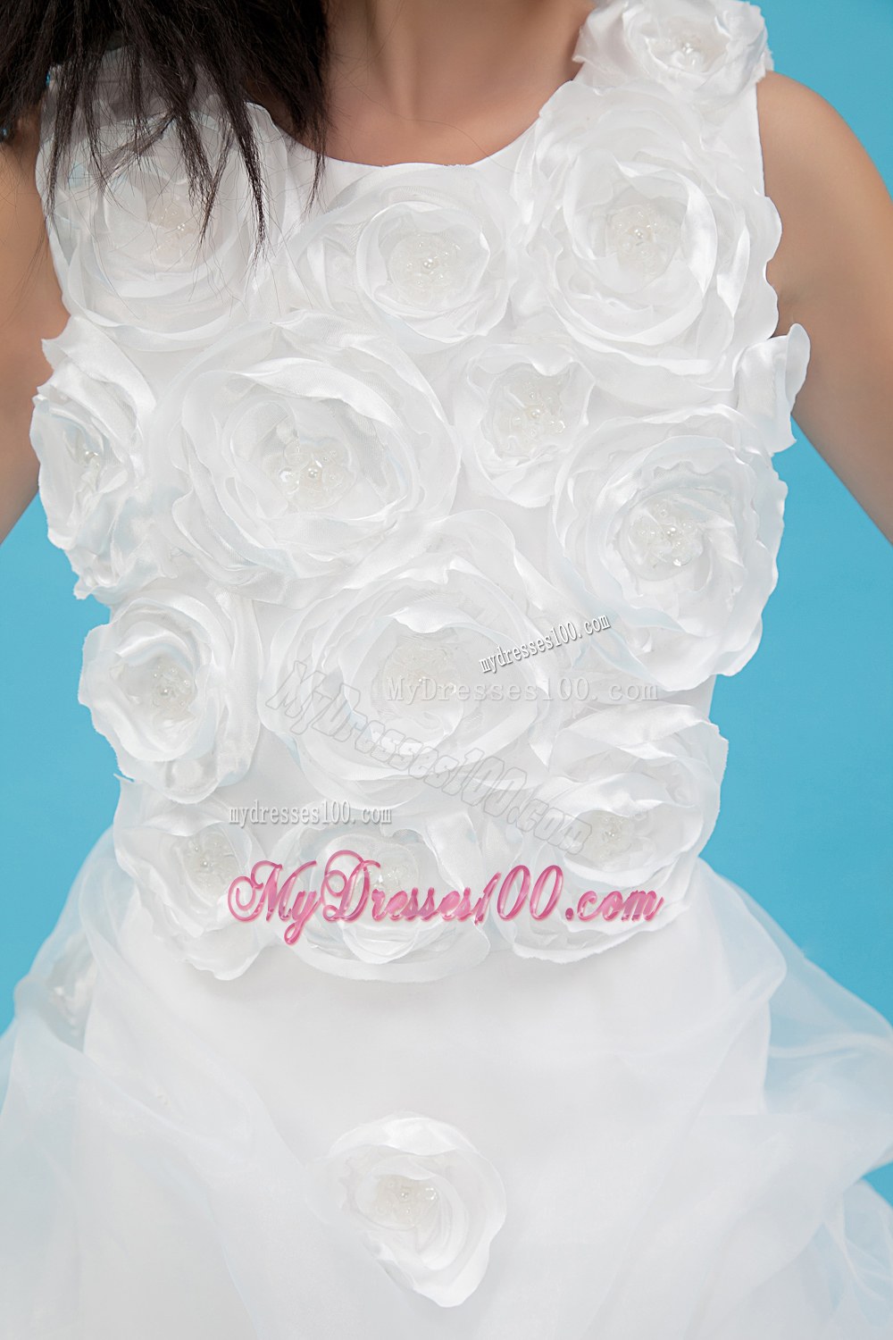 White Scoop Court Train Hand Made Flowers Flower Girl Dress