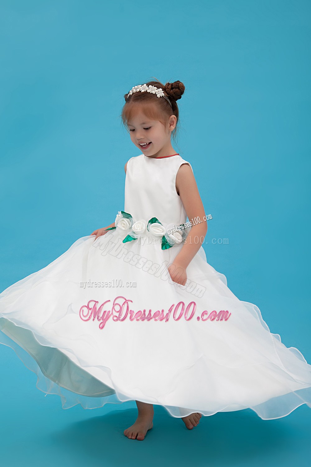 White Scoop Floor-length Hand Made Flowers Flower Girl Dress