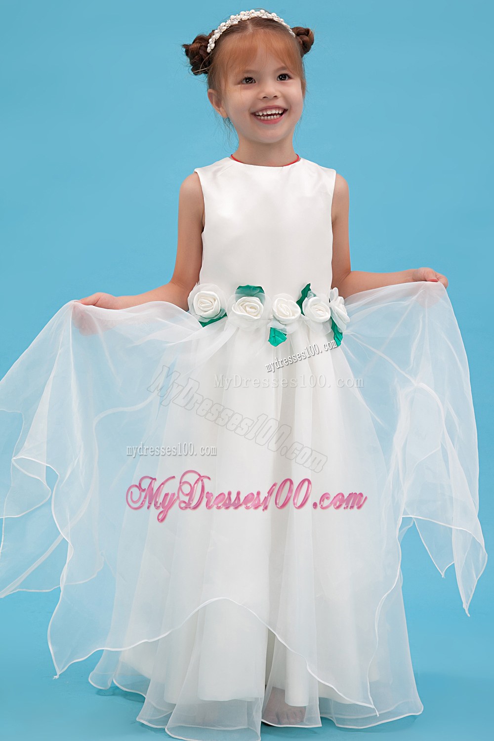 White Scoop Floor-length Hand Made Flowers Flower Girl Dress