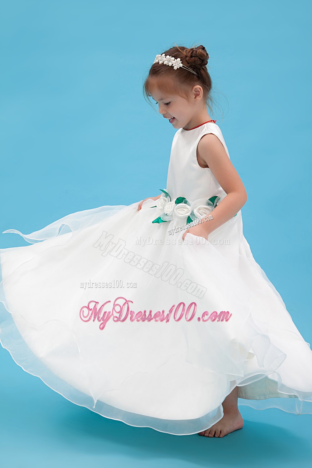 White Scoop Floor-length Hand Made Flowers Flower Girl Dress