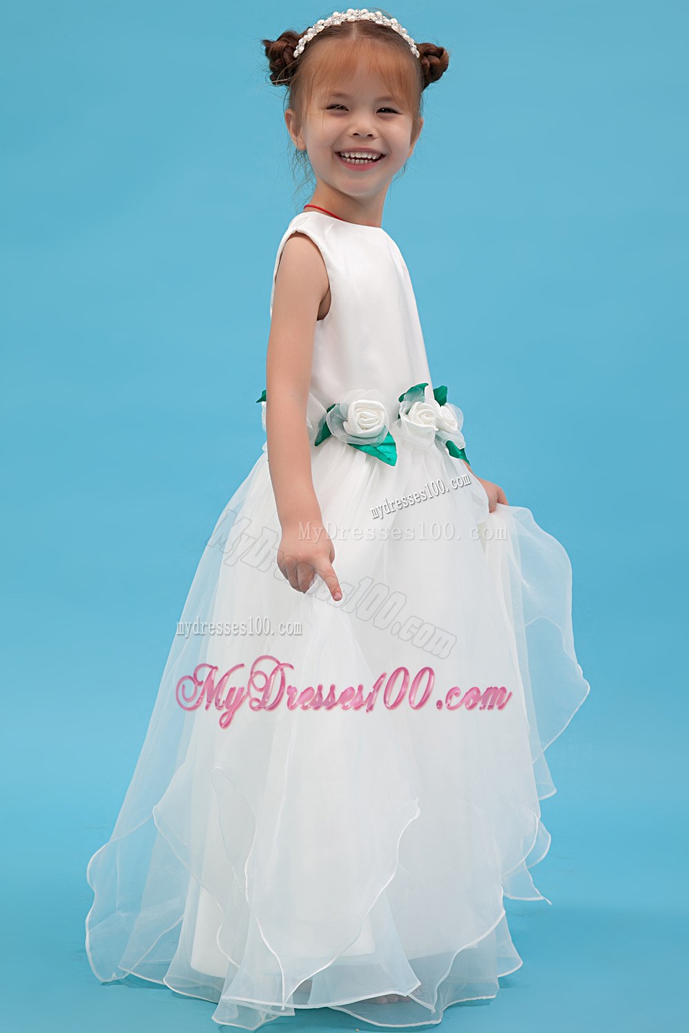 White Scoop Floor-length Hand Made Flowers Flower Girl Dress
