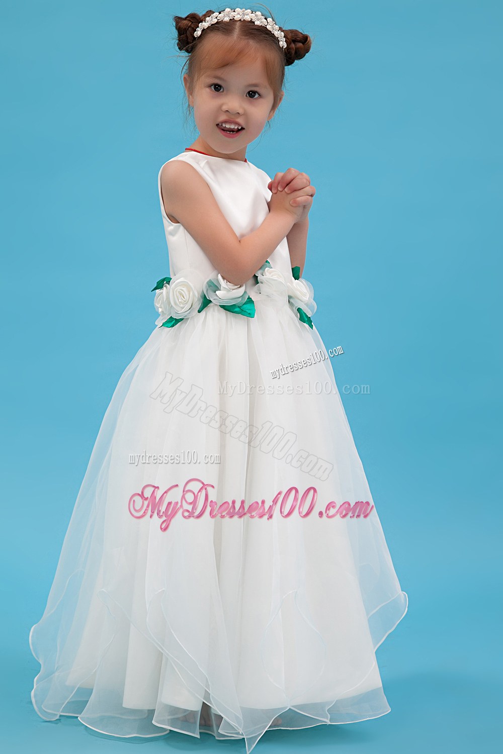 White Scoop Floor-length Hand Made Flowers Flower Girl Dress