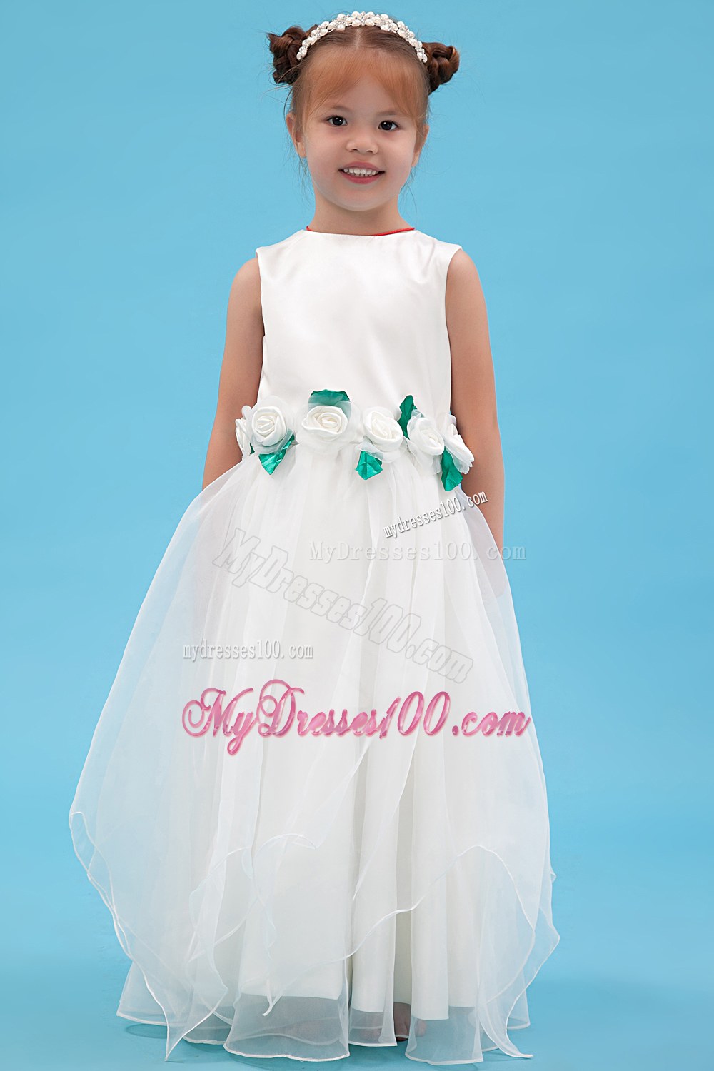 White Scoop Floor-length Hand Made Flowers Flower Girl Dress