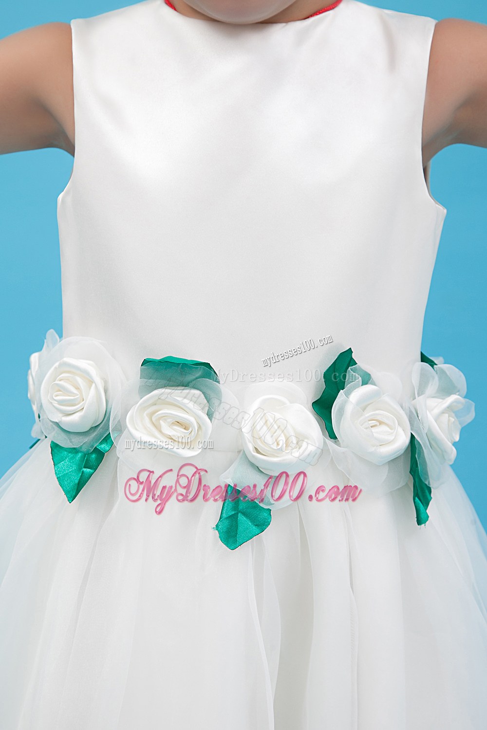 White Scoop Floor-length Hand Made Flowers Flower Girl Dress