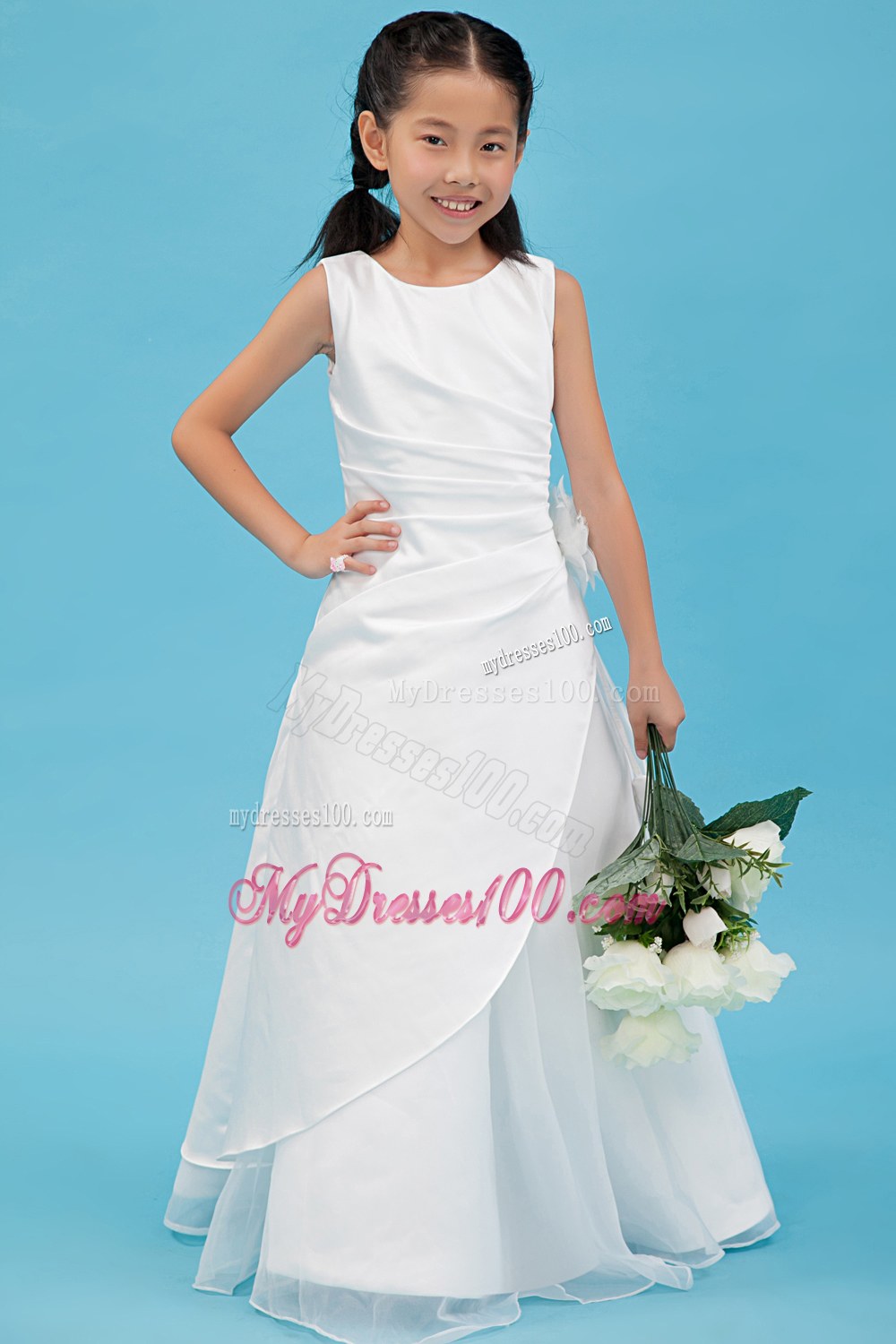 White Scoop Floor-length Appliques Flower Girl Dress
