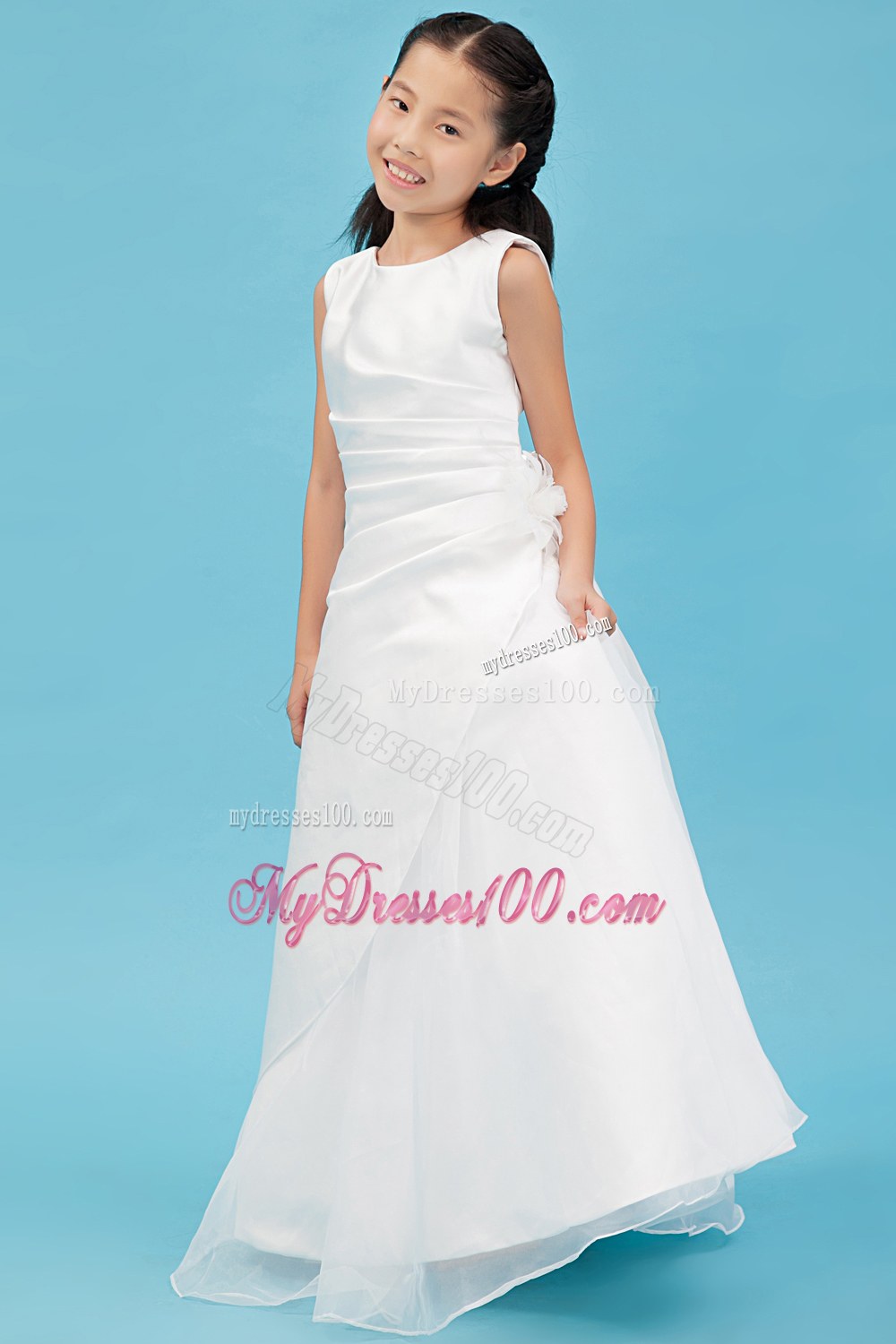 White Scoop Floor-length Appliques Flower Girl Dress