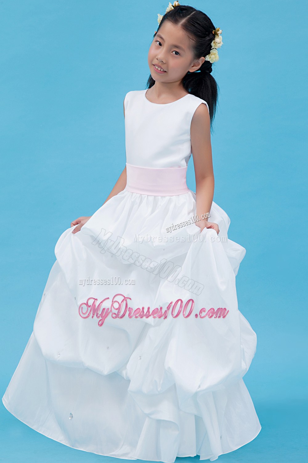 White Scoop Floor-length Belt Flower Girl Dress