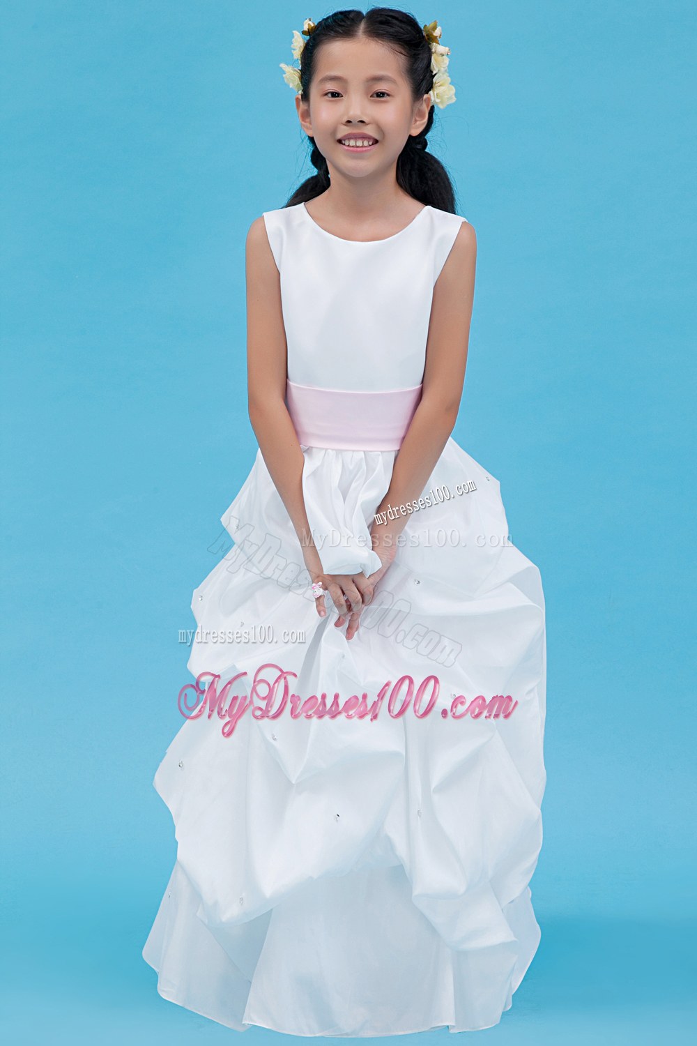 White Scoop Floor-length Belt Flower Girl Dress