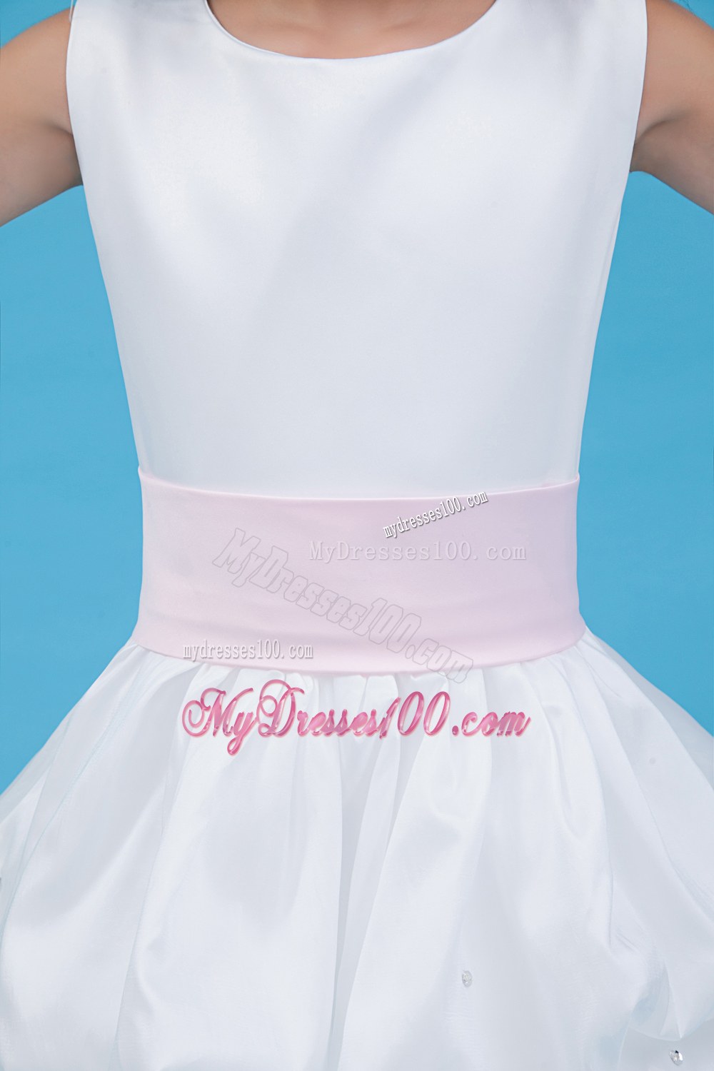 White Scoop Floor-length Belt Flower Girl Dress