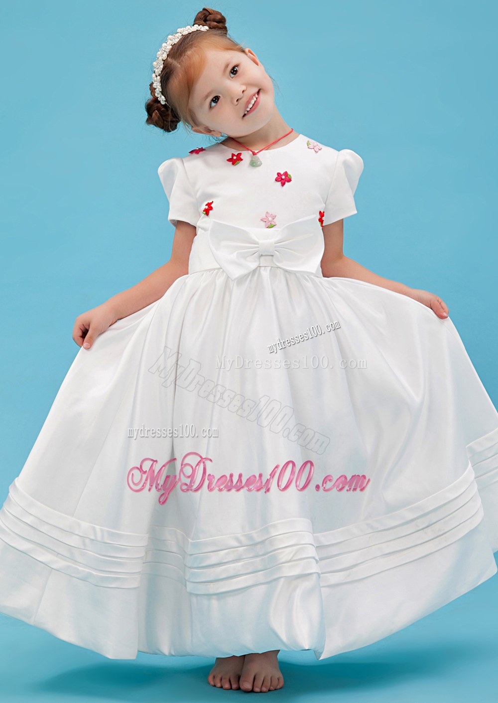 White Scoop Floor-length Sash Bow Flower Girl Dress