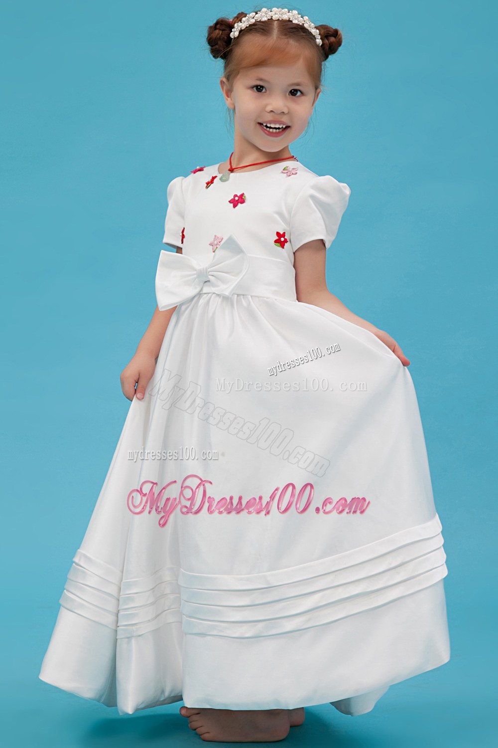 White Scoop Floor-length Sash Bow Flower Girl Dress