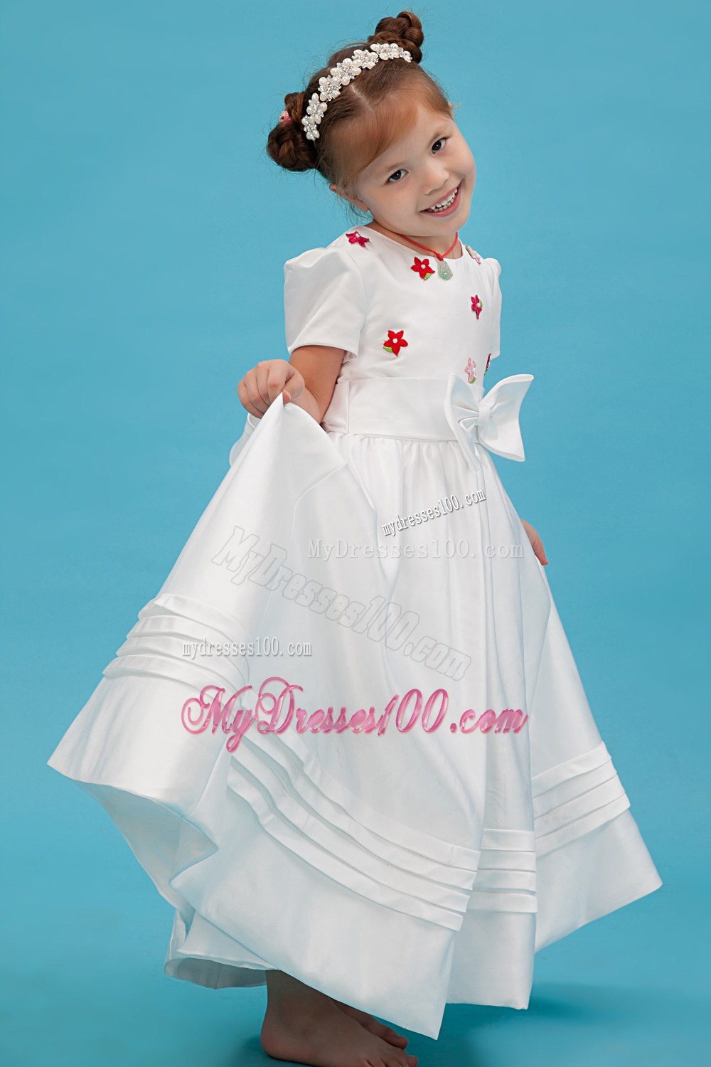 White Scoop Floor-length Sash Bow Flower Girl Dress