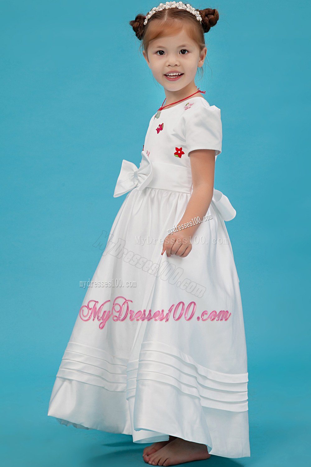 White Scoop Floor-length Sash Bow Flower Girl Dress