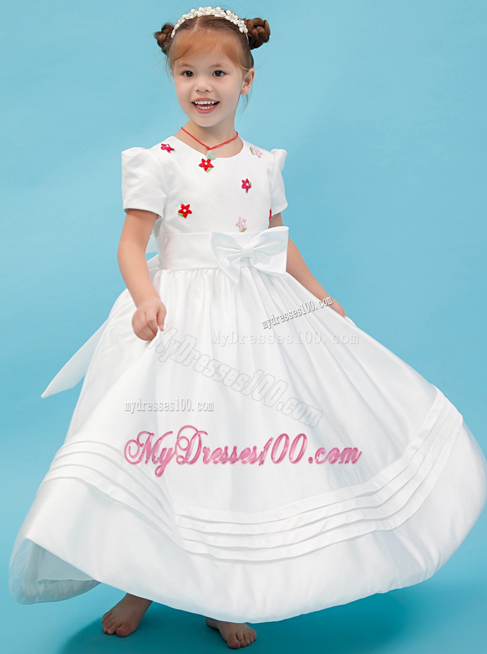 White Scoop Floor-length Sash Bow Flower Girl Dress