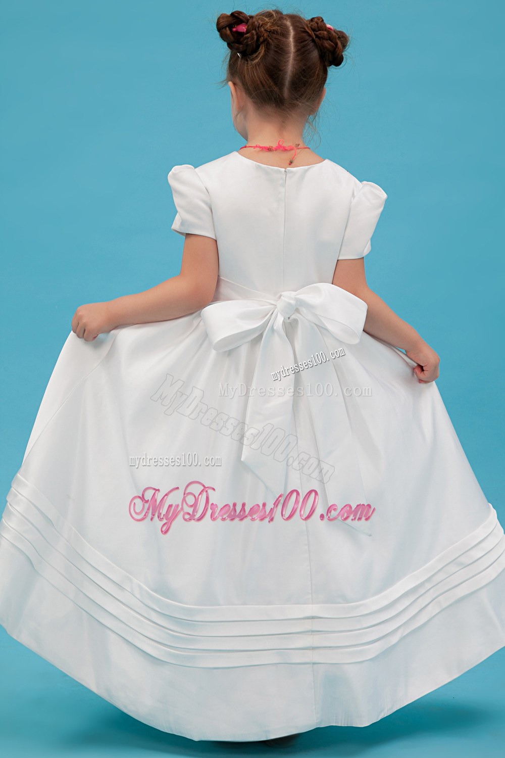White Scoop Floor-length Sash Bow Flower Girl Dress