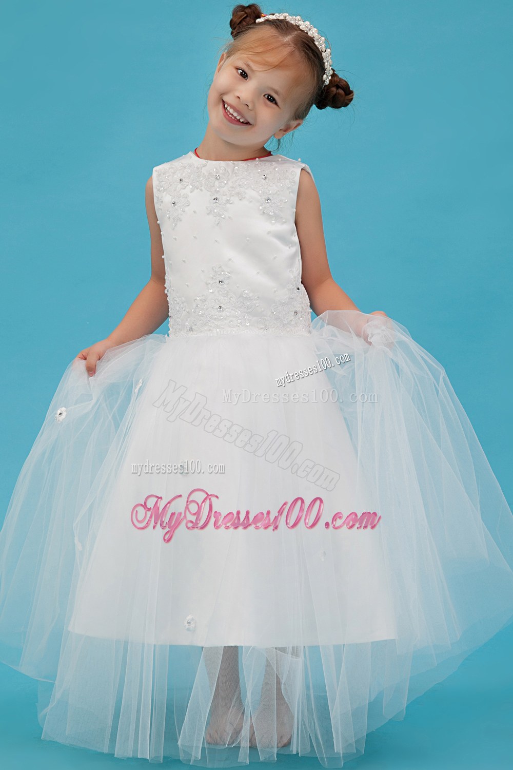 White Scoop Floor-length Appliques Flower Girl Dress
