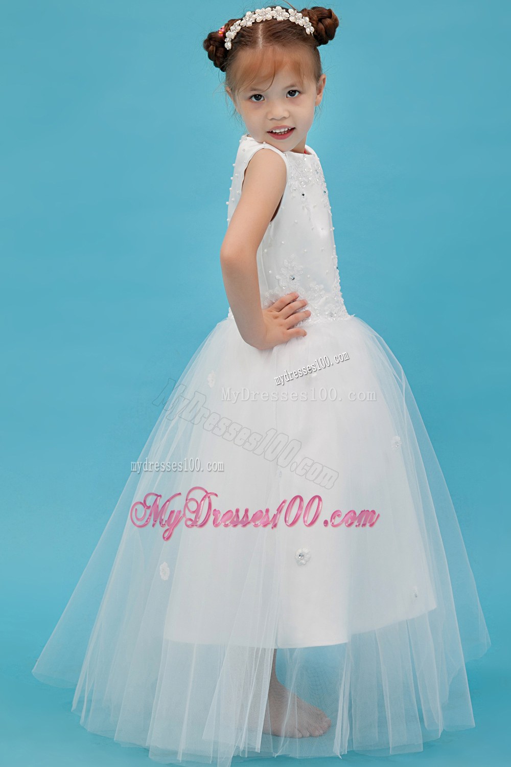 White Scoop Floor-length Appliques Flower Girl Dress