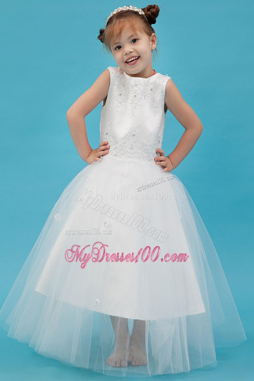 White Scoop Floor-length Appliques Flower Girl Dress