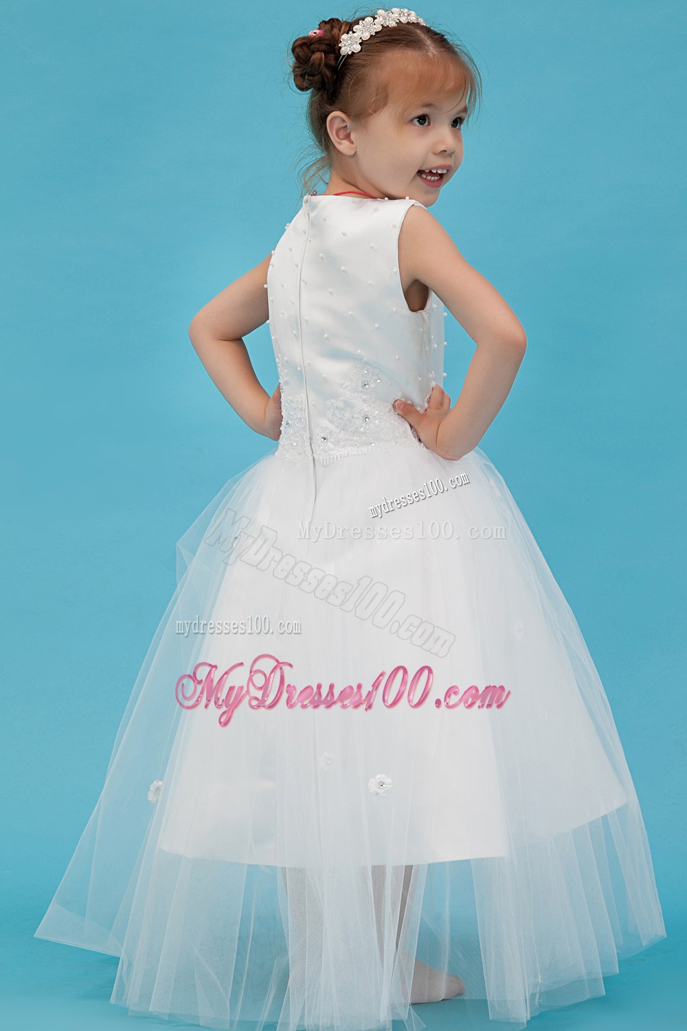 White Scoop Floor-length Appliques Flower Girl Dress
