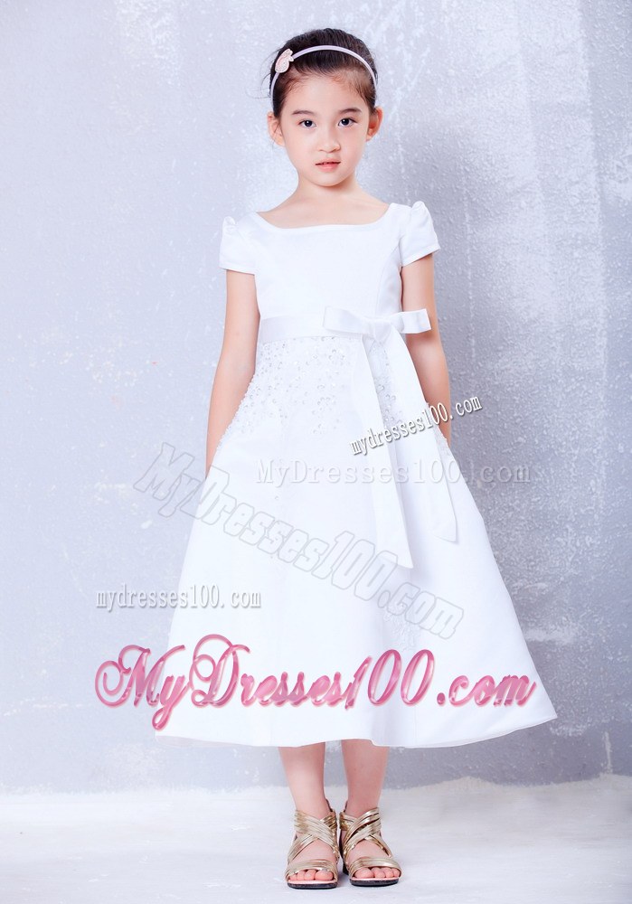 White Scoop Tea-length Beading and Bow Flower Girl Dress