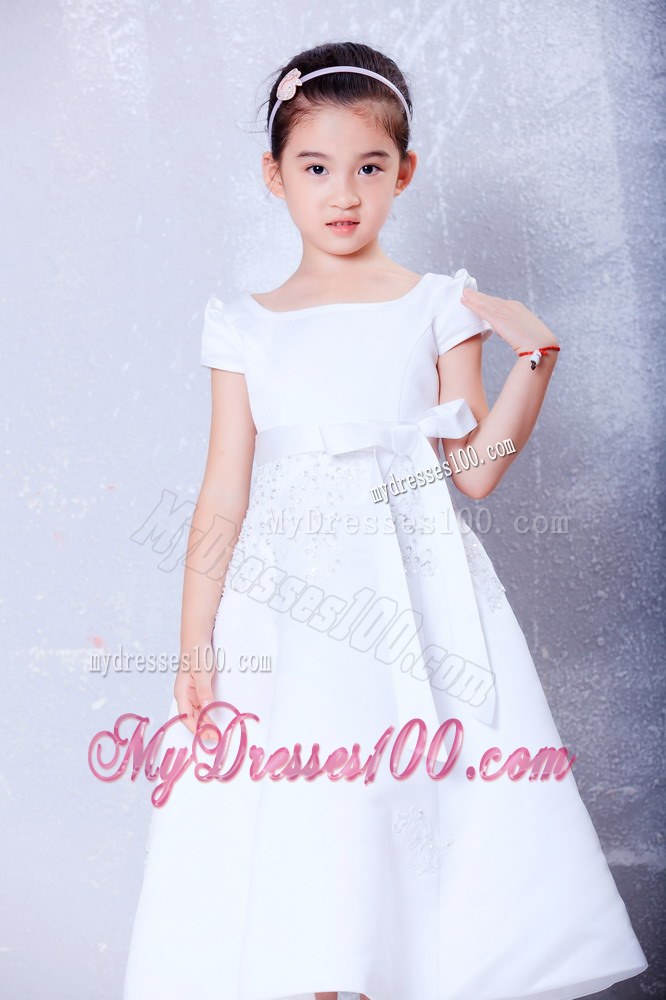 White Scoop Tea-length Beading and Bow Flower Girl Dress