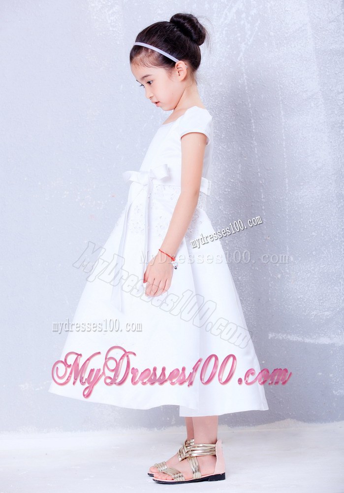 White Scoop Tea-length Beading and Bow Flower Girl Dress