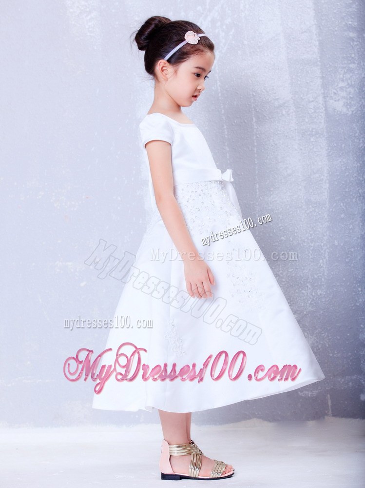 White Scoop Tea-length Beading and Bow Flower Girl Dress