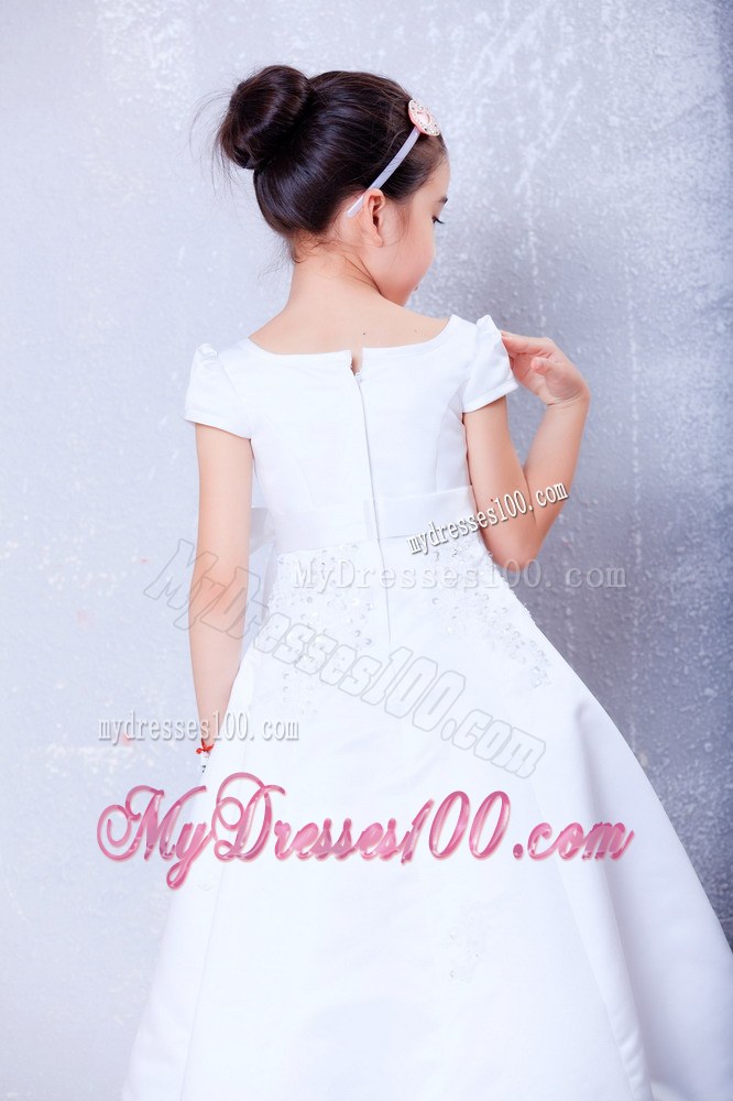 White Scoop Tea-length Beading and Bow Flower Girl Dress