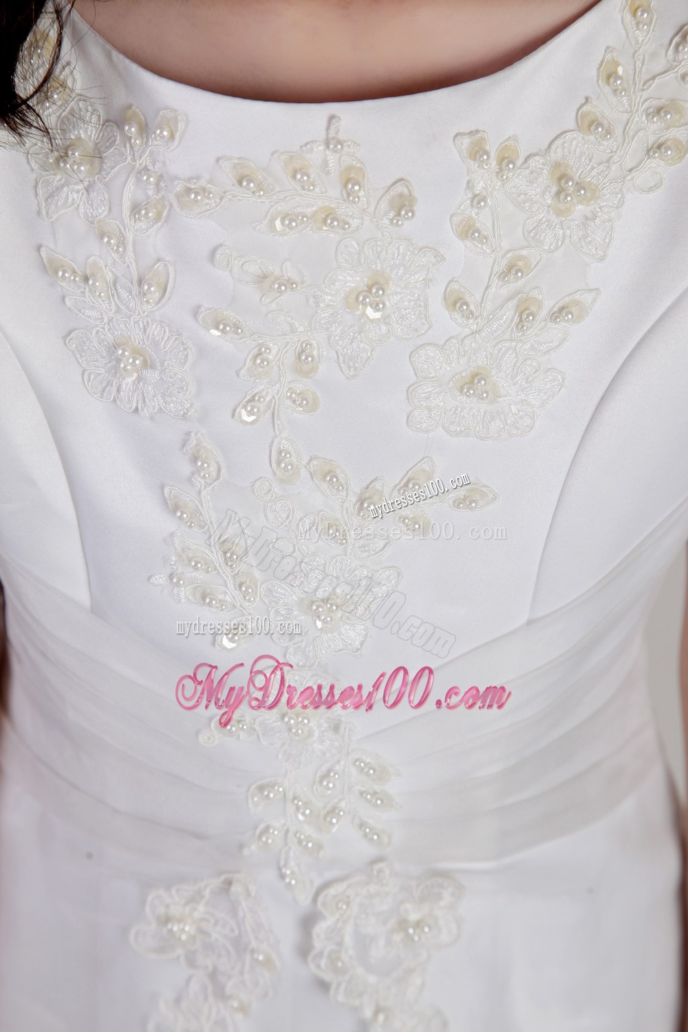 White Scoop Tea-length Appliques Flower Girl Dress