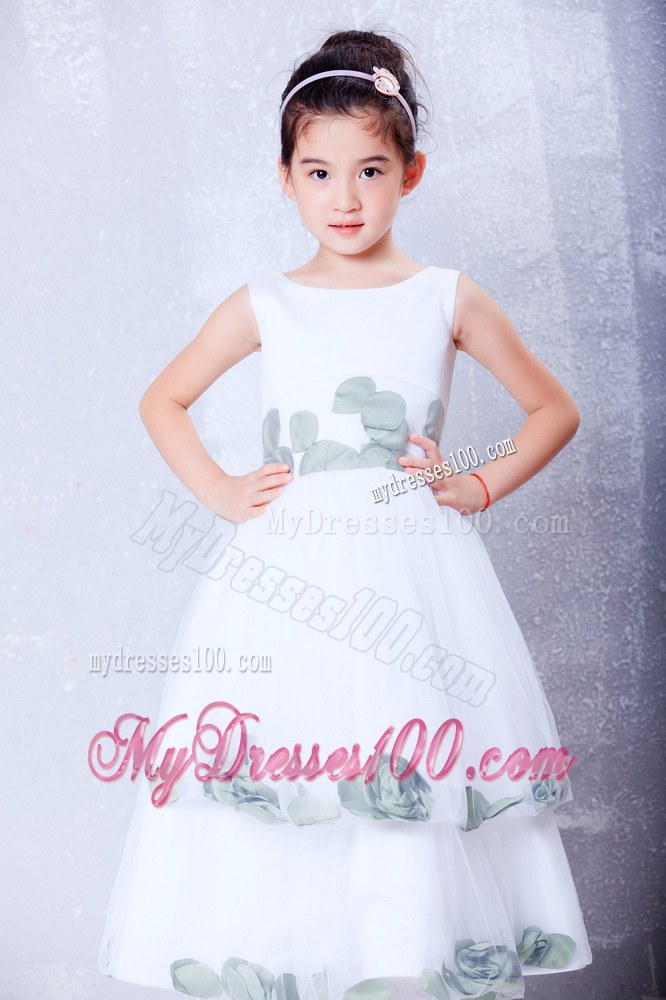 White Scoop Tea-length Hand Made Flowers Flower Girl Dress
