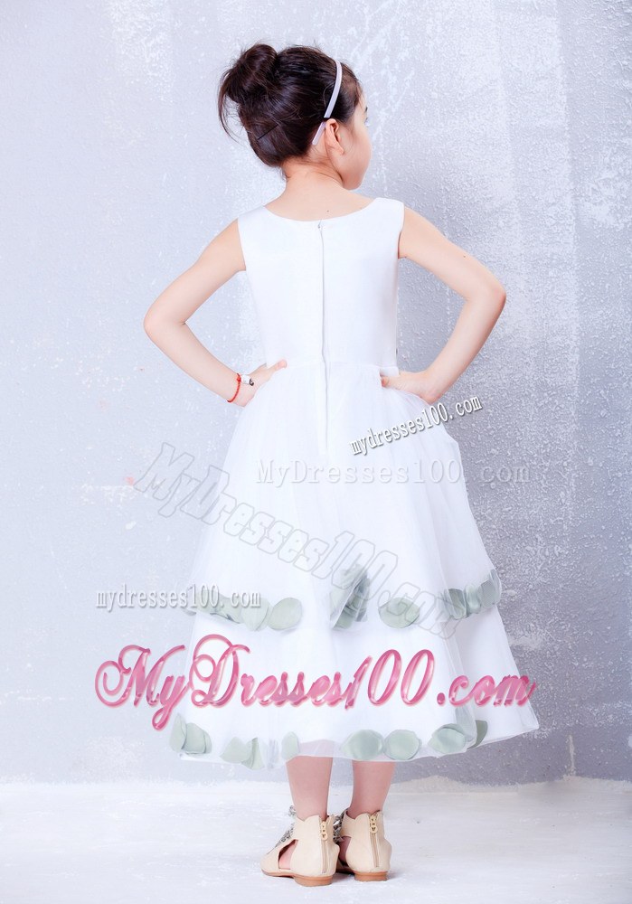 White Scoop Tea-length Hand Made Flowers Flower Girl Dress