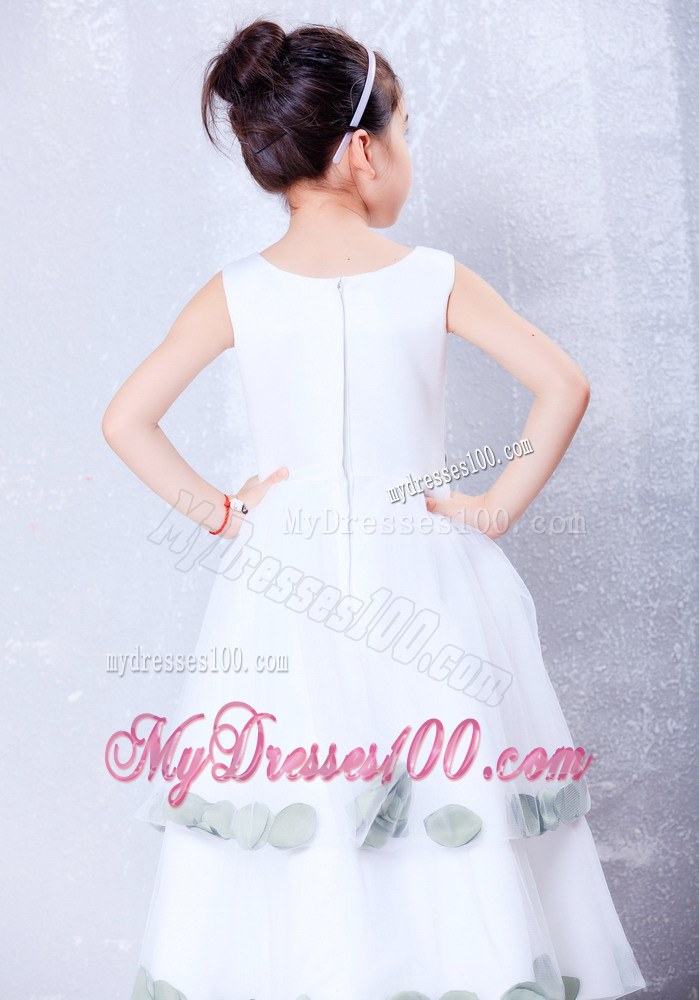 White Scoop Tea-length Hand Made Flowers Flower Girl Dress